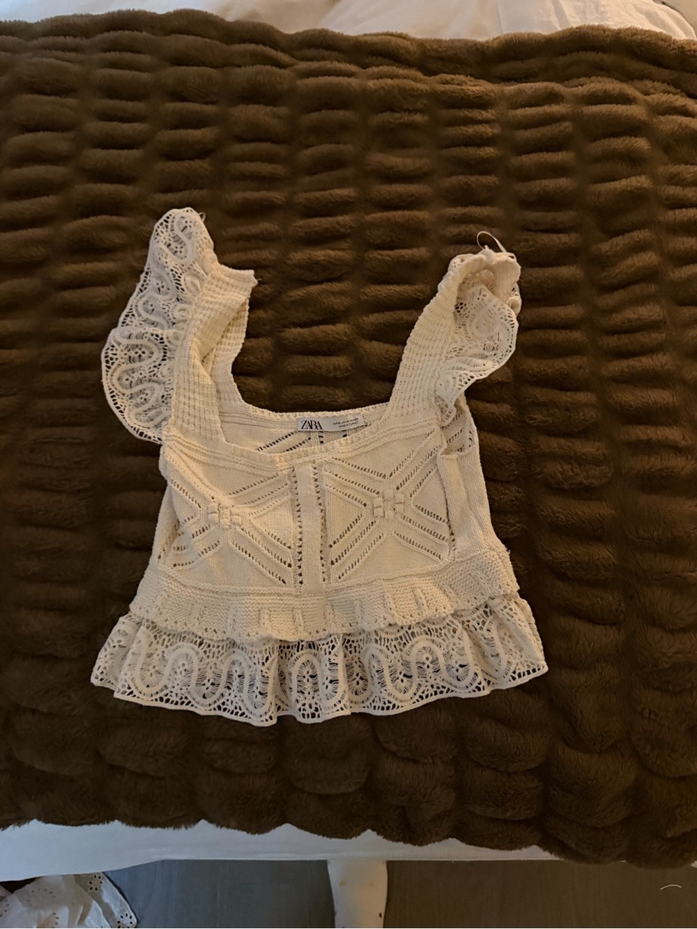 Zara Cream Crochet Ruffle Knit Tank